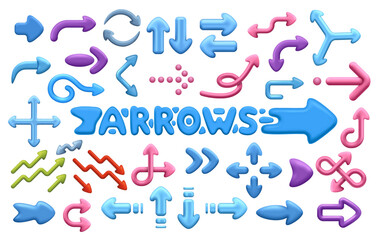 Arrows of different directions and shapes as well as colors and sizes. 3D render vector illustration set of arrows and pointers right left and up and down ui icons for websites buttons and promotions