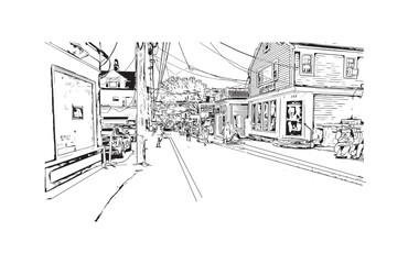 Building view with landmark of Provincetown is the town in Massachusetts. Hand drawn sketch illustration in vector.