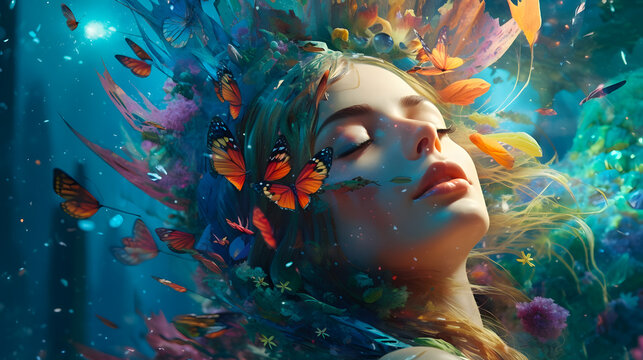 Beautiful girl in a dreamlike surrounded with flowers and nature - Generated AI