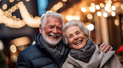 Happy senior couple in autumn park Generative AI