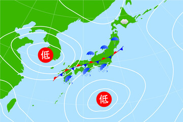停滞前線が日本列島にとどまり、雨予報が出ている気圧配置図。梅雨、秋雨の時期の天気図。