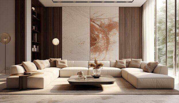 minimalist living room in an elegant environment 3d rendered illustration Generative AI