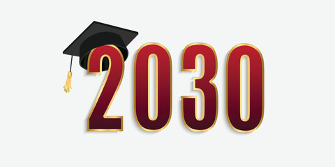 2030 red and gold numbers with graduation hat. vector illustration