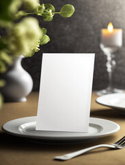 Vertical white blank of paper mockup on table with floral greenery, candle and dish in restaurant. Empty card for wedding table number or dinner menu template. Generative AI
