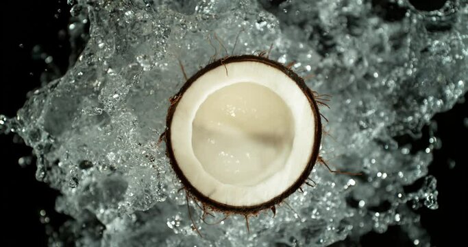 Super slow motion of coconut with water splash. Filmed on high speed cinema camera 4K, 1000 fps. Isolated on black background.