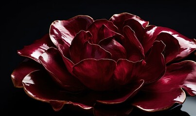 a large red flower sitting on top of a black table next to a black wall with a reflection of it's petals on the surface.  generative ai