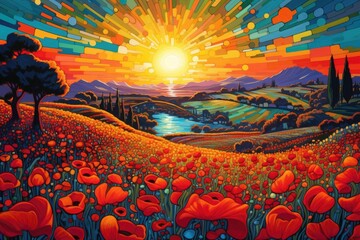 Sunset Hills Art Background with a Field of Poppies - Detailed Landscape Painting Backdrop - Flower Landscape Wallpaper with Vibrant Colors created with Generative AI Technology