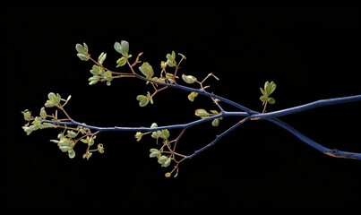  a tree branch with green leaves on a black background with a black background and a black background with a black background and a blue branch with green leaves.  generative ai