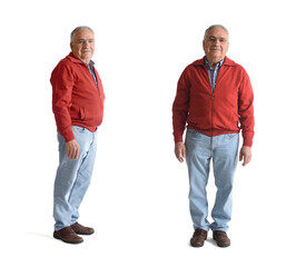front and side view of same senior man standing on white background