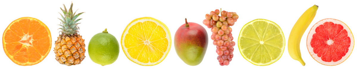 Obraz na płótnie Canvas Fresh tropical fruits in a row isolated on white