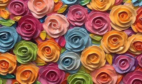  a close up of a bunch of colorful paper flowers on a wall with a green leaf on the bottom of the flower and a yellow leaf on the bottom of the flower.  generative ai