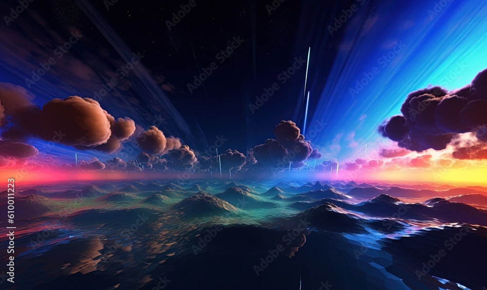 Poster a computer generated image of a colorful sky with clouds and sun rays coming out of the clouds and t