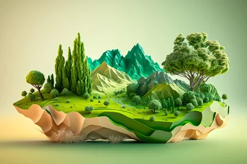 Fotobehang Land with mountain isolated , Piece of earth land green field , Created with generative AI © Atchariya63