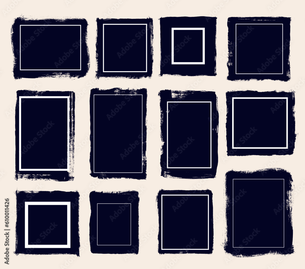 Poster set of black frames with realistic brush strokes isolated on white background. vector collection of 