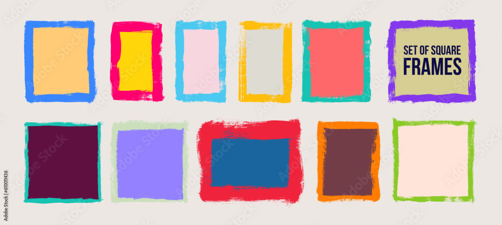 Poster set of square frames. colorful frames with realistic brush strokes. high resolution scan isolated on