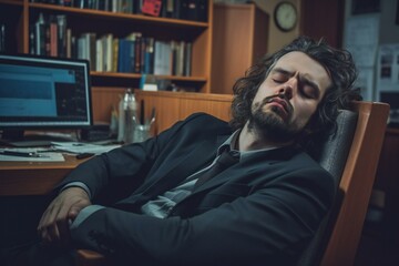 Fototapeta premium Tired man sleeping in the office. Frustration, deadline, depression or low energy concept. Generative AI