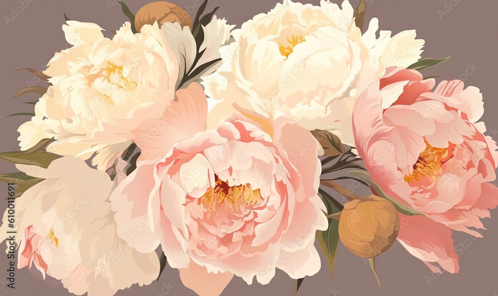 Poster  a bunch of flowers that are in a vase on a table with a pink background and a brown background with a white and pink flower in the middle.  generative ai