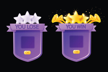 3D game frame UI shield background, vector victory player award, winner level up menu board, stars. Cartoon magic mobile app achievement banner kit, golden cup, wings. Game frame reward prize medal