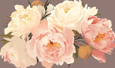 Behang  a bunch of flowers that are in a vase on a table with a pink background and a brown background with a white and pink flower in the middle.  generative ai © Olga