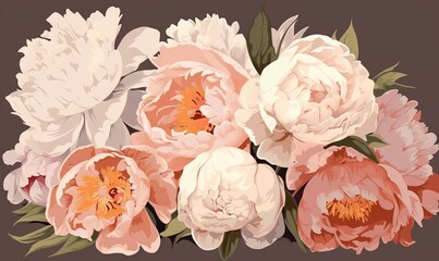  a bunch of flowers that are sitting on a table together in front of a brown background with white and pink flowers on the top of the flowers.  generative ai
