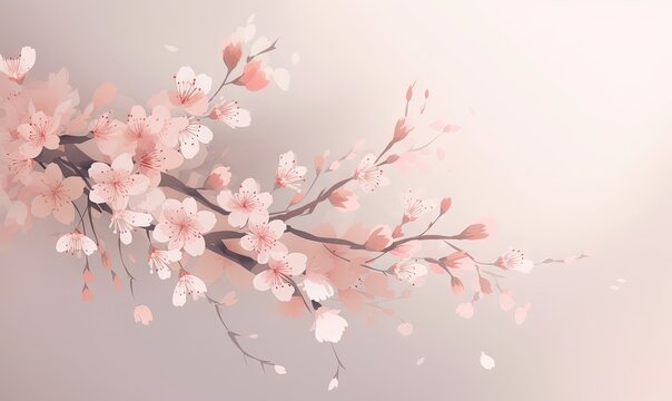  a branch of a blossoming cherry tree with pink flowers on a pale background with a soft light gray back dropping in the middle.  generative ai