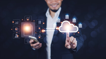 ERP document management, Documents management information system concept, Businessman using visual screen internet for Documents management information system and ERP program data directory in company © Suriyo