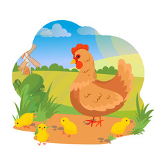 Obraz na płótnie Canvas hen with little yellow chicks. Agricultural animals. Domestic birds. Village. Farm. Vector illustration on a white background.
