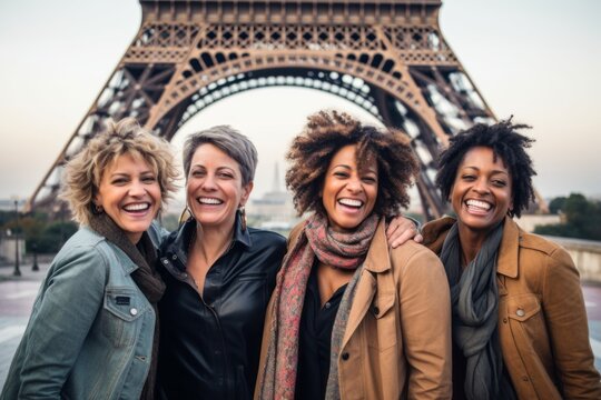 Group portrait photography of a grinning woman in her 40s that is smiling with friends against the Eiffel Tower in Paris France . Generative AI
