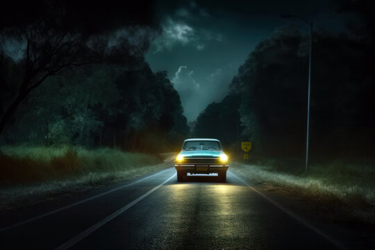 vintage car driving on asphalt road among green trees at night with lights on