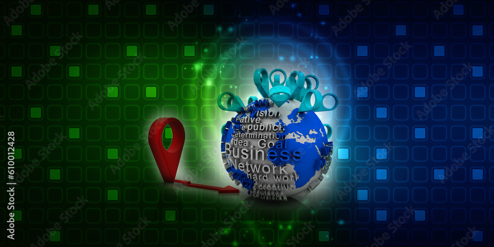 Poster 3d rendering red map pointer around globe connected aux cable