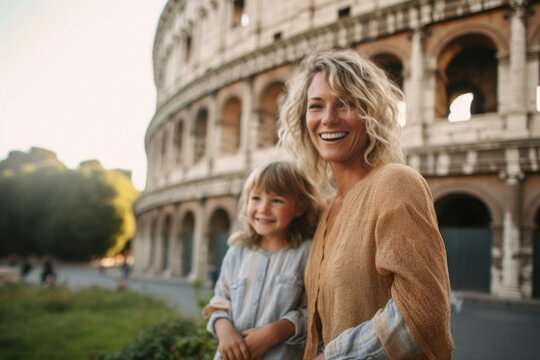 Lifestyle portrait photography of a grinning woman in her 40s that is with the family against the Colosseum in Rome Italy . Generative AI