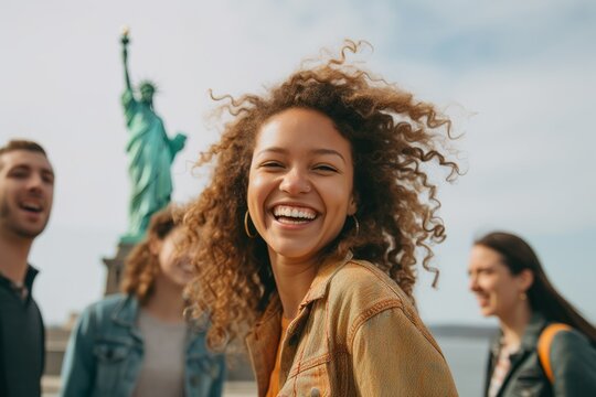 Lifestyle portrait photography of a cheerful woman in her 30s that is smiling with friends in front of the Statue of Liberty in New York USA . Generative AI