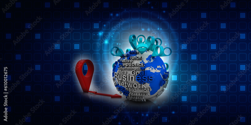 Poster 3d rendering red map pointer around globe connected aux cable