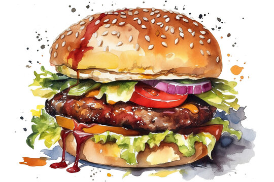 Watercolor drawing of delicious burger cut out. Based on Generative AI