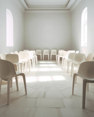 White lined up chairs in an empty white room. Generative AI