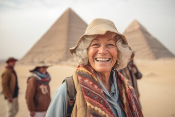 Portrait of happy senior woman in front of pyramids in Giza, Egypt
