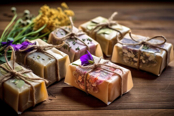 Bars of handmade natural soap with herbs, AI Generated