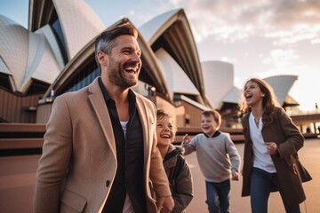 Lifestyle portrait photography of a grinning man in his 40s that is with the family at the Sydney Opera House in Sydney Australia . Generative AI