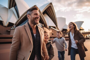 Lifestyle portrait photography of a grinning man in his 40s that is with the family at the Sydney Opera House in Sydney Australia . Generative AI