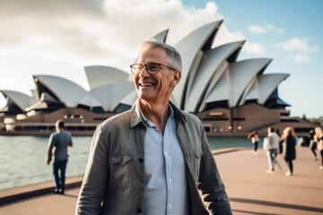 Naklejka premium Portrait of a smiling senior man standing in front of Opera House in Sydney, Australia