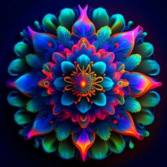 Bioluminescent Psychedelic multicolor symmetric florafractigami, Neon Light created by Generative AI technology