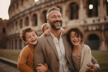 Happy family. Bearded man smiling while spending time with his family