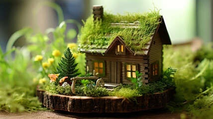 Fototapeta premium Mini Cottage Embraced by Moss and Ferns