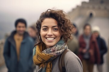 Fototapeta premium Medium shot portrait photography of a cheerful woman in her 30s that is smiling with friends at the Great Wall of China in Beijing China . Generative AI