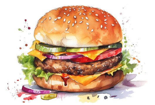 Watercolor drawing of delicious burger cut out. Based on Generative AI