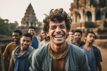 Group of happy tourists in the ancient city of Bagan, Myanmar