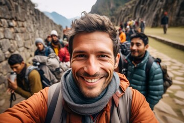 Close-up portrait photography of a pleased man in his 30s that is smiling with friends at the Machu Picchu in Cusco Peru . Generative AI