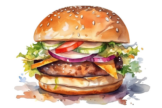 Watercolor drawing of delicious burger cut out. Based on Generative AI