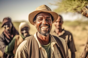 Obraz premium Medium shot portrait photography of a cheerful man in his 40s that is smiling with friends at the Serengeti National Park Tanzania . Generative AI