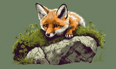  a drawing of a red fox resting on a rock with grass and flowers around it's edges, with a green background and a green background.  generative ai